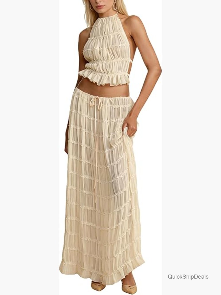 Y2k Lace Maxi Skirt Set Backless Halter Crop Top Long Skirt Beach Outfit